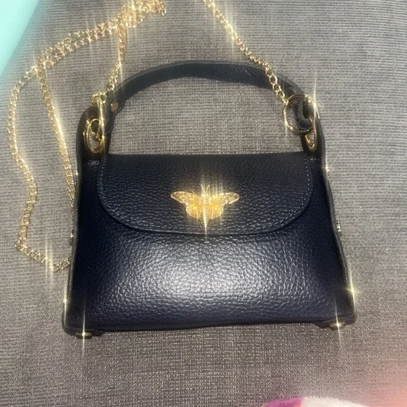 Vera Pelle Navy Little Bee” Bag in Genuine Leather Made in Italy NWOT - Picture 3 of 8